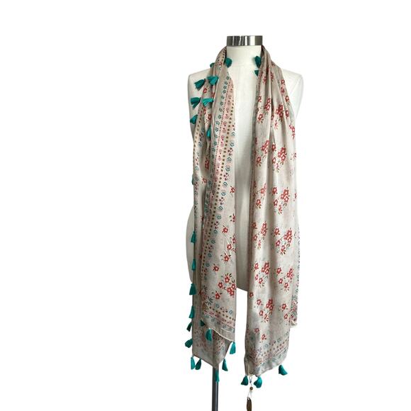 Natural Life Boho Tassel Floral Scarf NWT One Size 100% Rayon Cream Teal - Picture 2 of 6